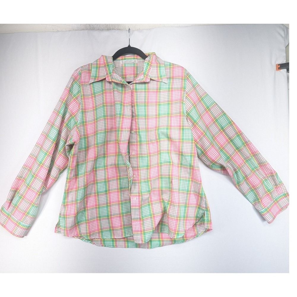 Foxcroft Pastel‎ Plaid Button Up Shirt Pink Green Yellow Wrinkle Free Size 18